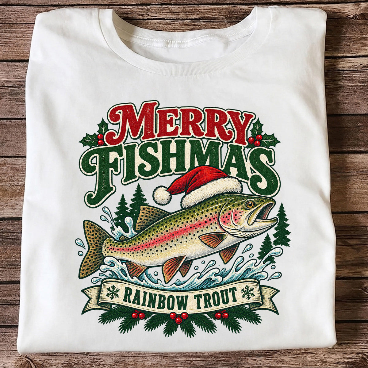 Merry Fishmas Rainbow Trout in Santa Hat Christmas Fishing T-Shirt