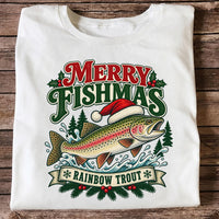 Merry Fishmas Rainbow Trout in Santa Hat Christmas Fishing T-Shirt