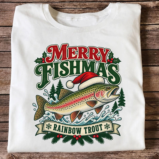 Merry Fishmas Rainbow Trout in Santa Hat Christmas Fishing T-Shirt