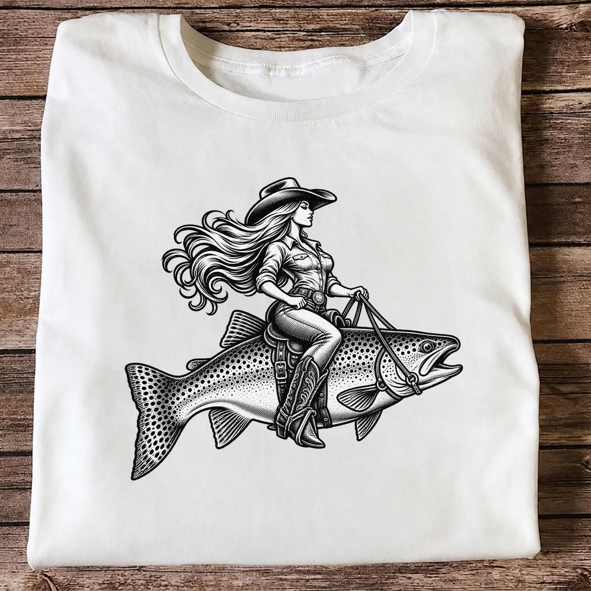 Cowgirl Riding a Trout Western Fishing Graphic T-Shirt
