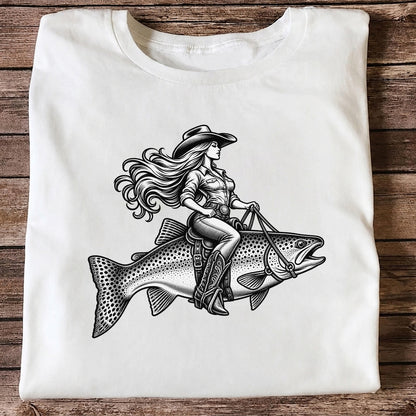Cowgirl Riding a Trout Western Fishing Graphic T-Shirt