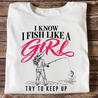 Funny Woman Fishing Graphic T-Shirt with Line Art Design
