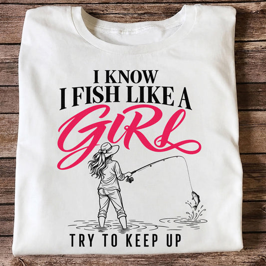 Funny Woman Fishing Graphic T-Shirt with Line Art Design