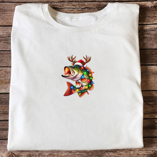 Christmas Bass with Santa Hat, Antlers and Holiday Lights Fishing T-Shirt
