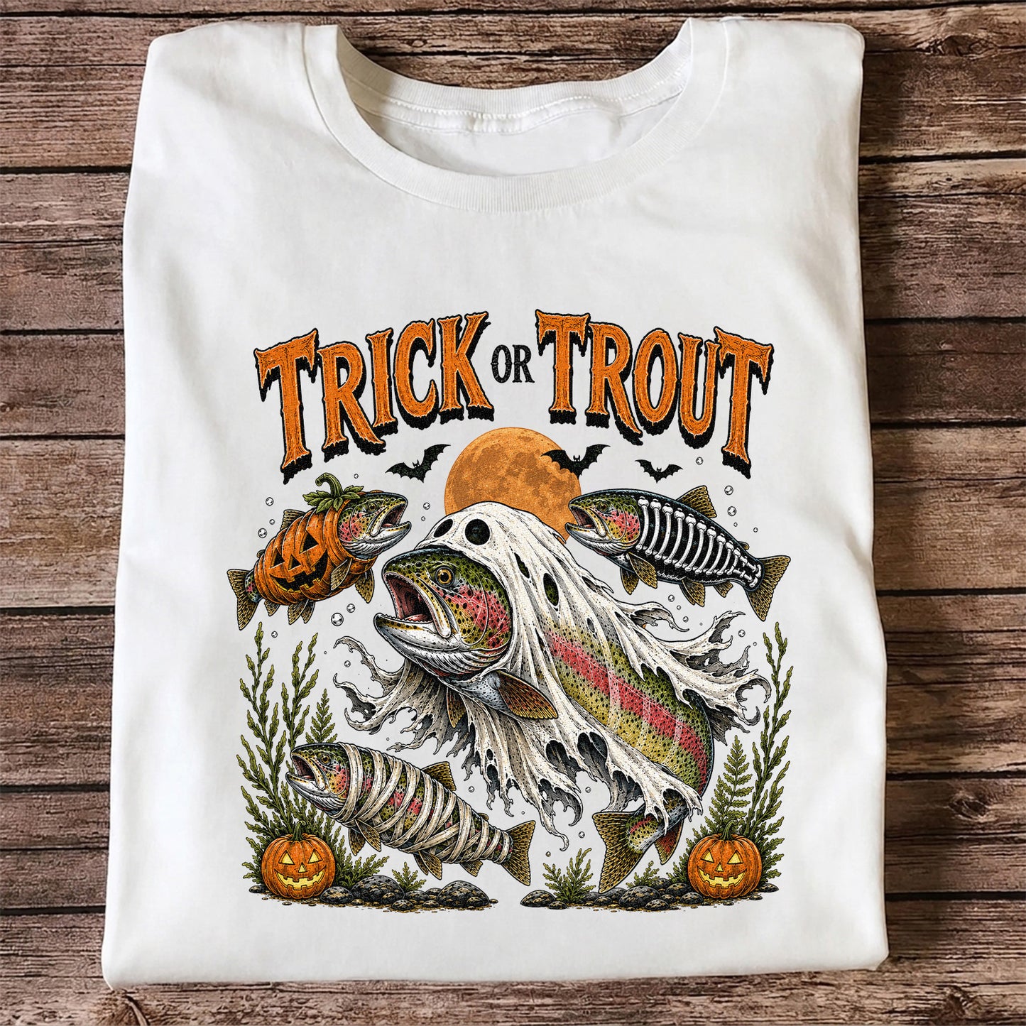 Trick or Trout Halloween T-Shirt Funny Trout Fishing Halloween Tee