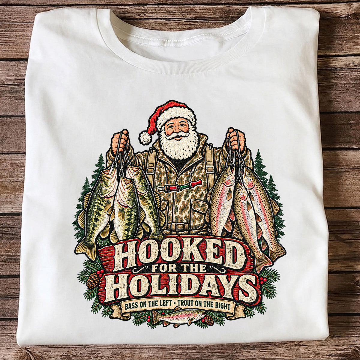 Hooked for the Holidays Bass on the Left Trout on the Right Santa Christmas Fishing T-Shirt
