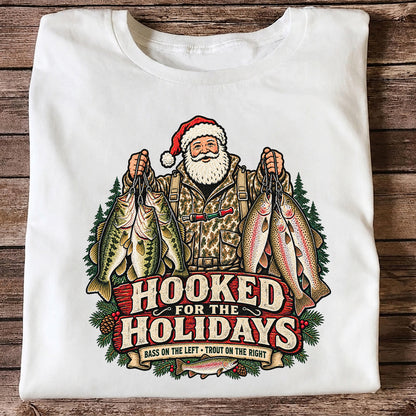 Hooked for the Holidays Bass on the Left Trout on the Right Santa Christmas Fishing T-Shirt