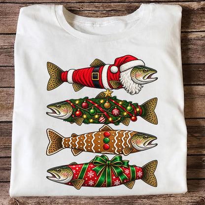 Festive Christmas Trout Santa and Gingerbread Fishing T-Shirt