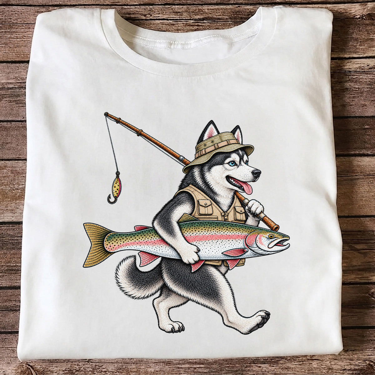 Husky Holding Rainbow Trout Fishing Graphic T-Shirt