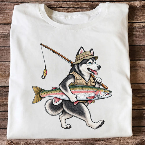 Husky Holding Rainbow Trout Fishing Graphic T-Shirt