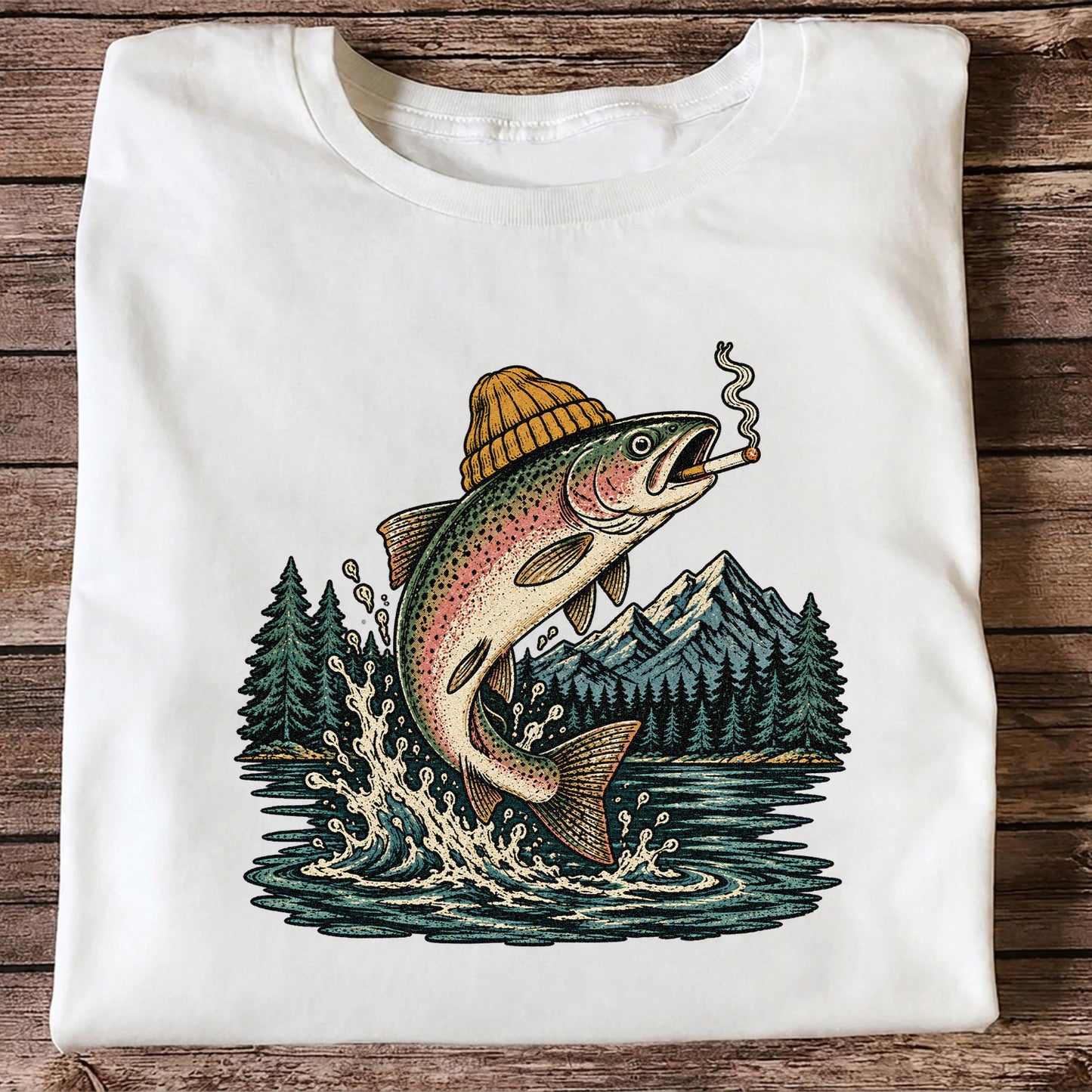 Rainbow Trout in Beanie Smoking and Jumping from Lake Graphic T-Shirt