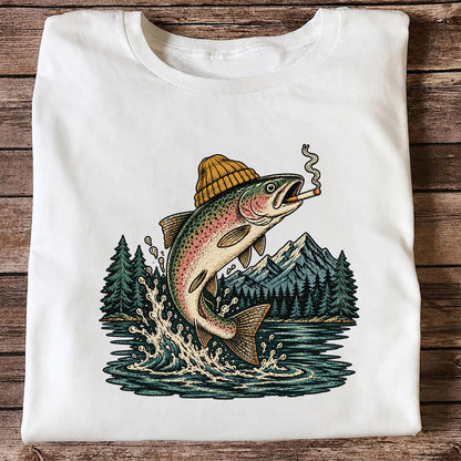 Rainbow Trout in Beanie Smoking and Jumping from Lake Graphic T-Shirt