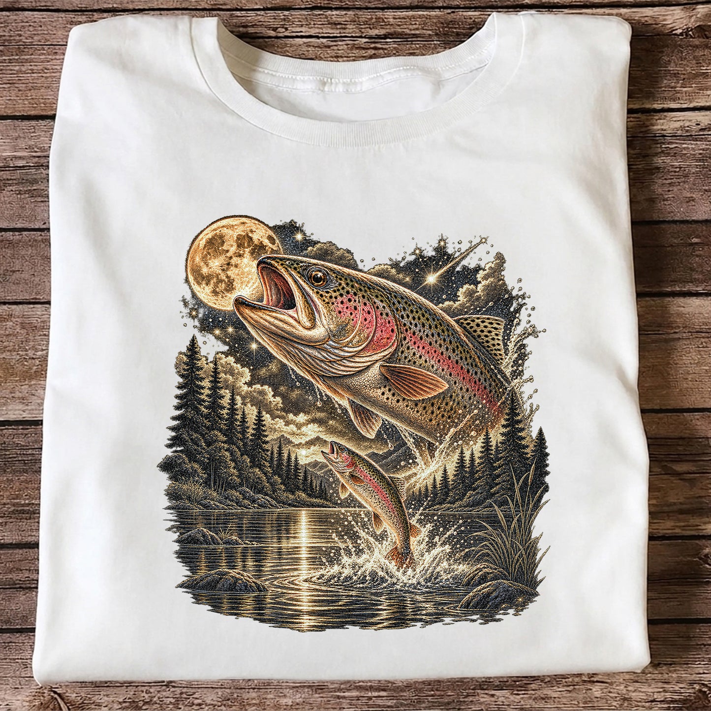 Moonlit Rainbow Trout Jumping from Mountain Lake Graphic T-Shirt