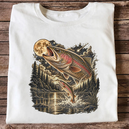 Moonlit Rainbow Trout Jumping from Mountain Lake Graphic T-Shirt