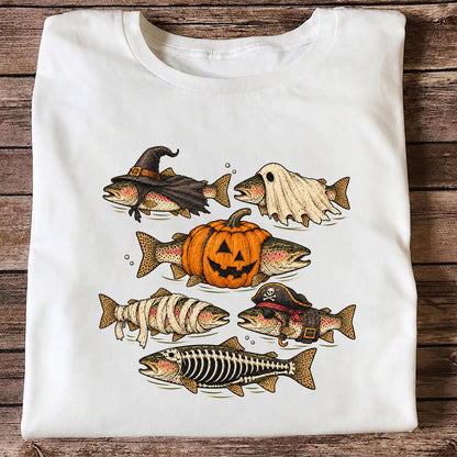 Rainbow Trout Halloween Costumes Witch Ghost Pumpkin Mummy Pirate Skeleton Fishing T-Shirt