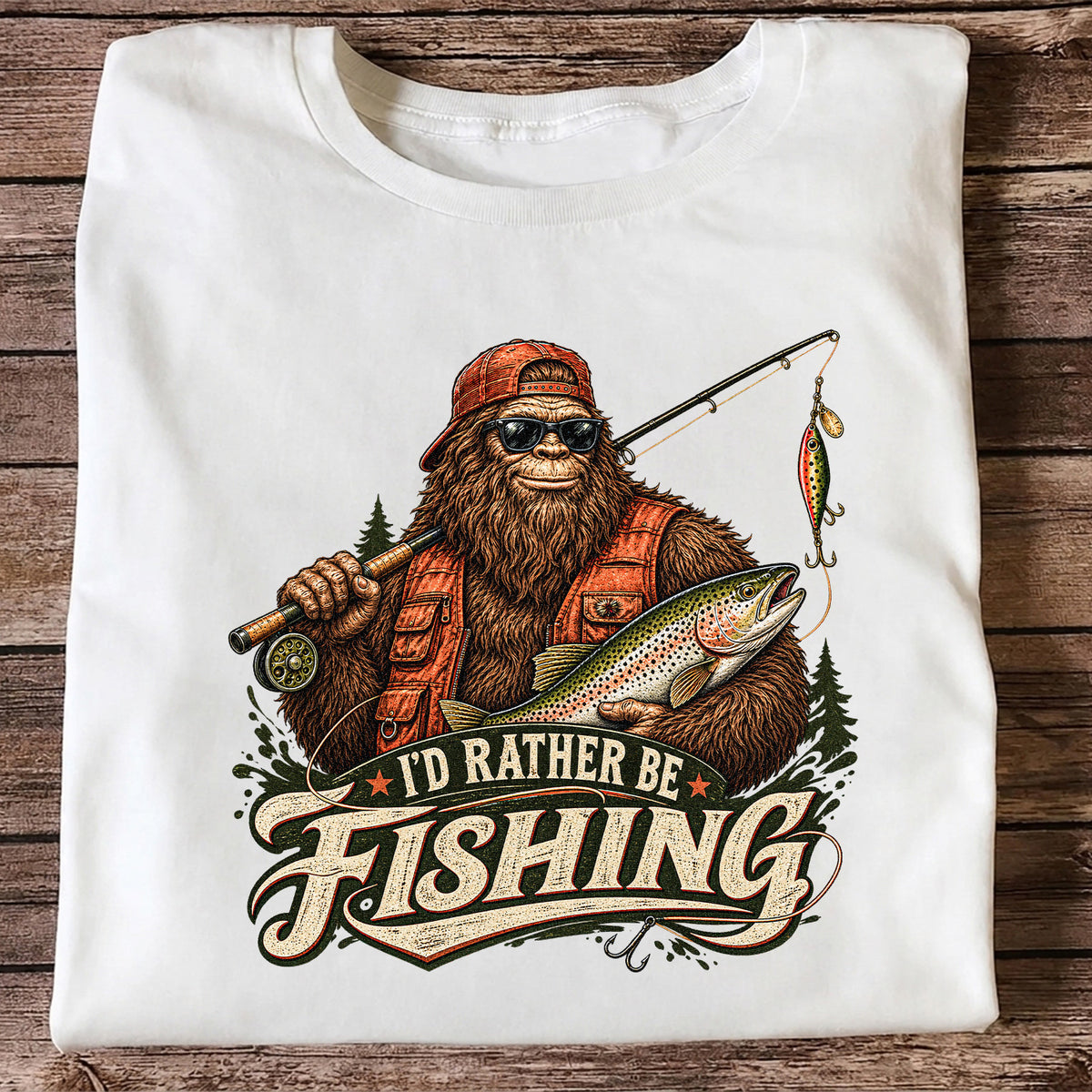Bigfoot Holding Trout Funny Fishing Graphic T-Shirt