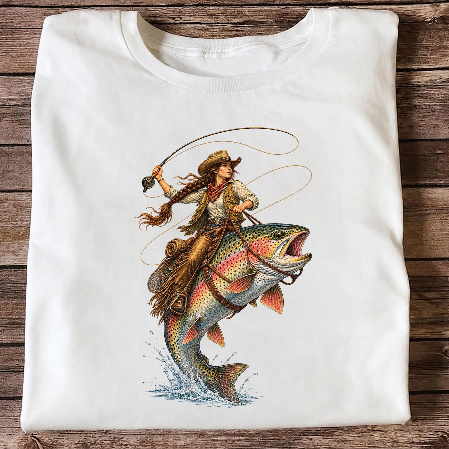 Western Cowgirl Riding a Rainbow Trout Fly Fishing Graphic T-Shirt