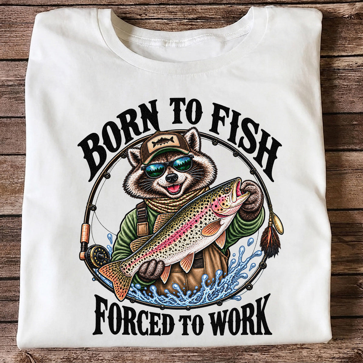 Born to Fish Forced to Work Raccoon Rainbow Trout T-Shirt