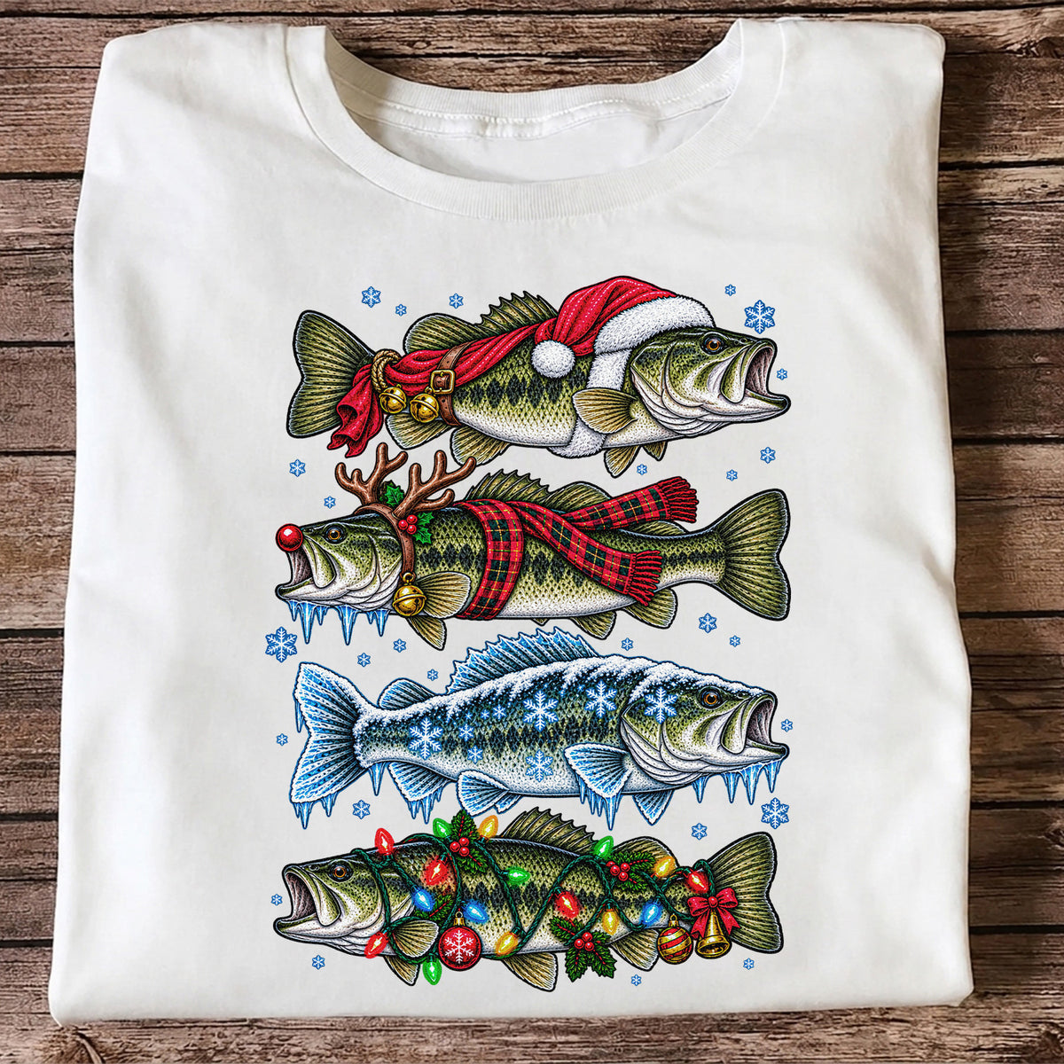 Christmas Bass with Santa Hat and Holiday Lights Fishing T-Shirt