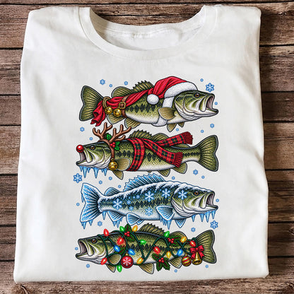 Christmas Bass with Santa Hat and Holiday Lights Fishing T-Shirt