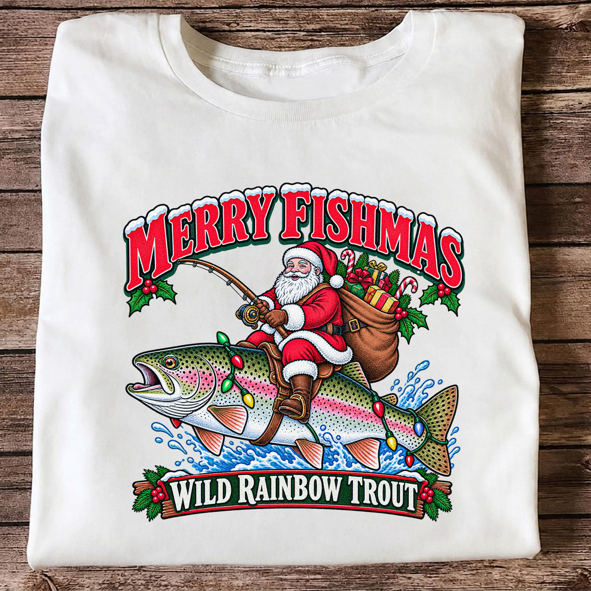 Merry Fishmas Santa Riding a Wild Rainbow Trout Christmas Fishing T-Shirt