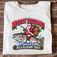 Merry Fishmas Santa Riding a Wild Rainbow Trout Christmas Fishing T-Shirt