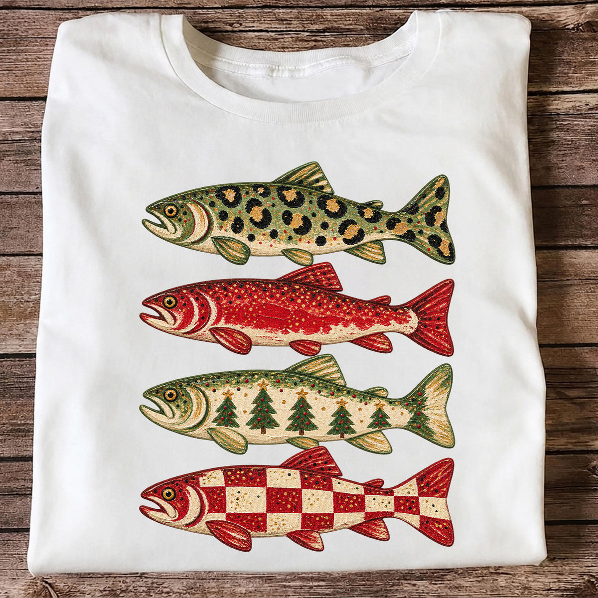 Four Seasonal Trout Patterns Christmas Fishing Graphic T-Shirt