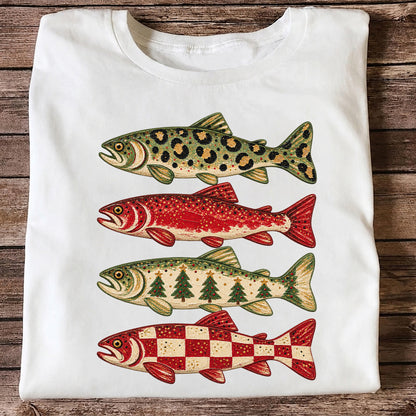 Four Seasonal Trout Patterns Christmas Fishing Graphic T-Shirt