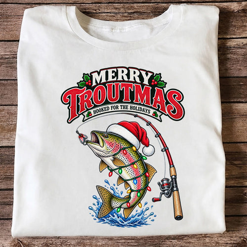 Merry Troutmas Hooked for the Holidays Rainbow Trout Christmas Fishing T-Shirt