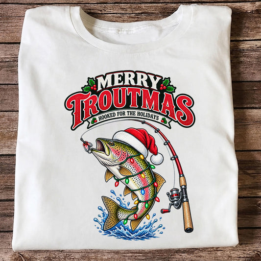 Merry Troutmas Hooked for the Holidays Rainbow Trout Christmas Fishing T-Shirt