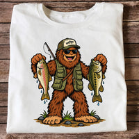 Bigfoot Holding Rainbow Trout and Bass Fishing Graphic T-Shirt