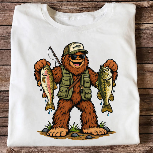 Bigfoot Holding Rainbow Trout and Bass Fishing Graphic T-Shirt
