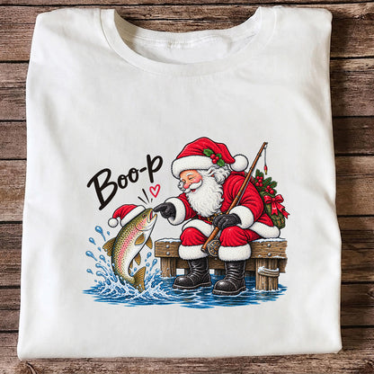 Santa Fishing for Rainbow Trout Christmas Graphic T-Shirt