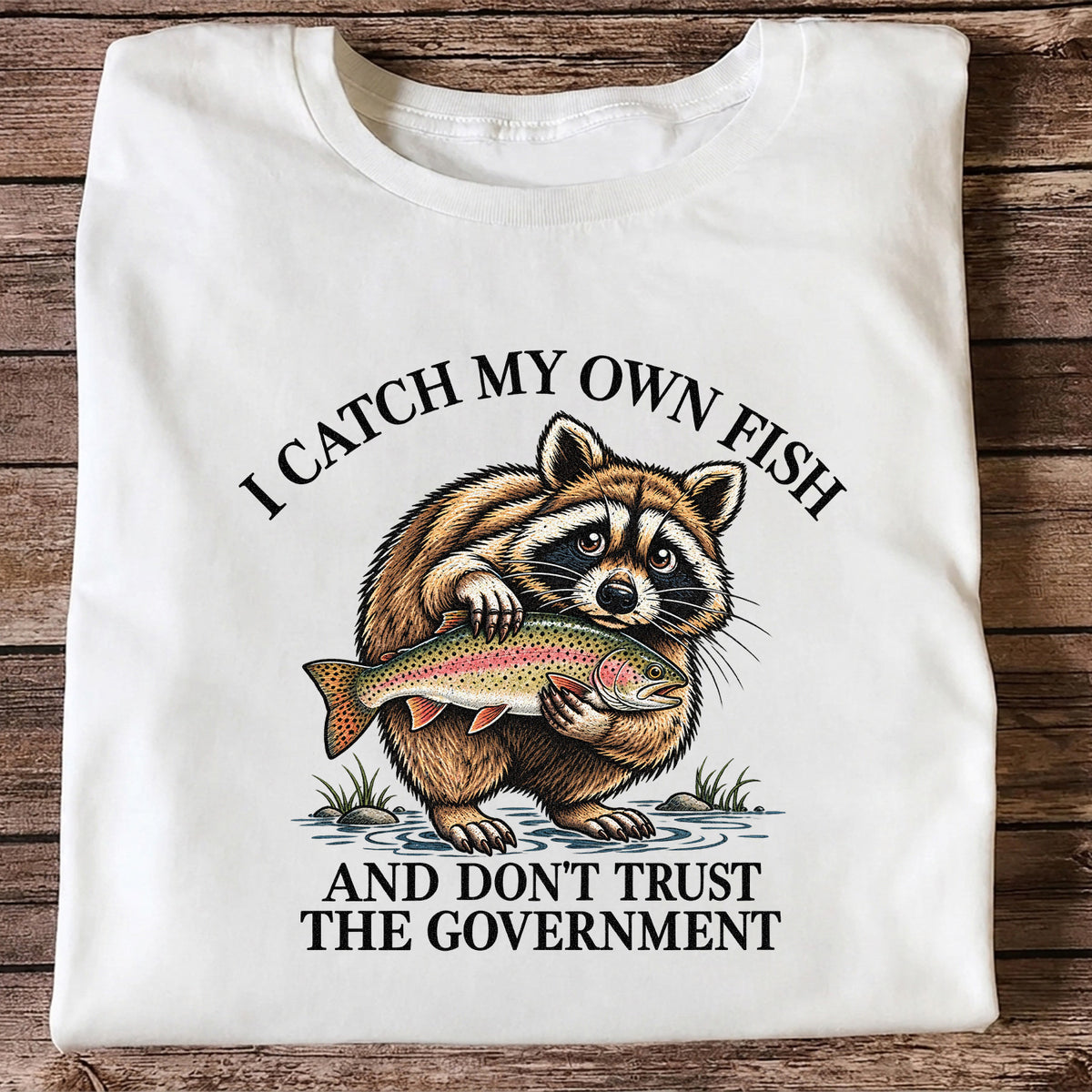 Raccoon Holding Rainbow Trout Fishing Graphic T-Shirt
