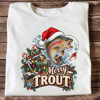 Merry Trout Christmas Rainbow Trout and Fishing Reel T-Shirt