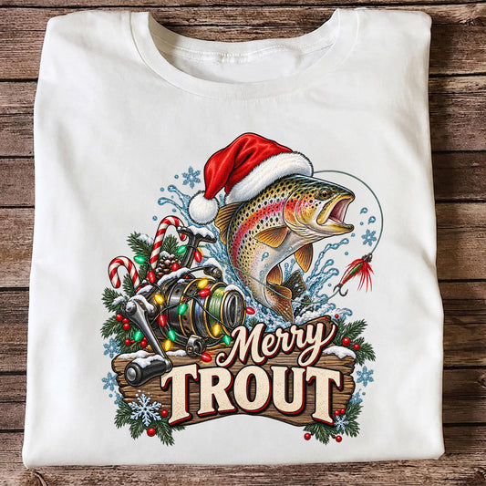 Merry Trout Christmas Rainbow Trout and Fishing Reel T-Shirt