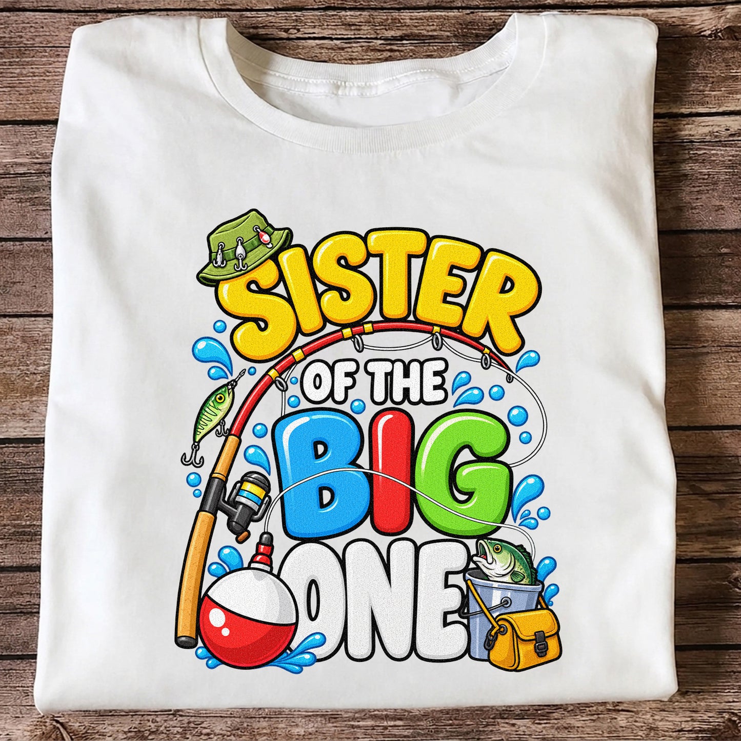 Sister of the Big One Fishing Birthday T-Shirt with Fish and Bobber