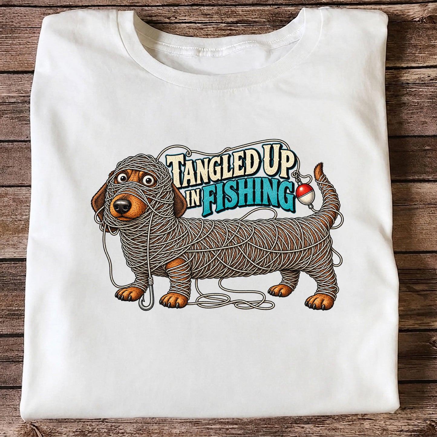 Tangled Up in Fishing Funny Dachshund Dog Graphic T-Shirt