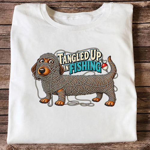 Tangled Up in Fishing Funny Dachshund Dog Graphic T-Shirt