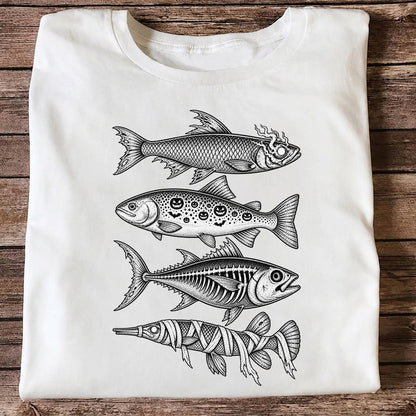Halloween Zombie Pumpkin Skeleton and Mummy Fish Graphic T-Shirt