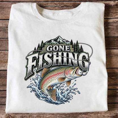 Gone Fishing Rainbow Trout and Mountains Graphic T-Shirt