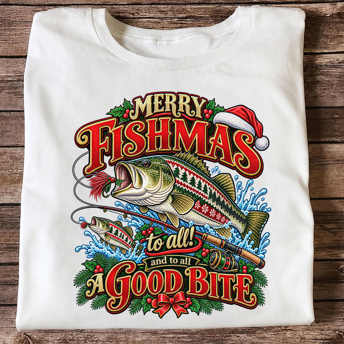 Merry Fishmas Christmas Sweater Pattern Bass Fishing T-Shirt
