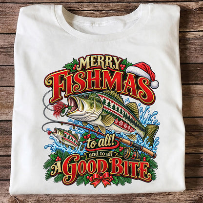Merry Fishmas Christmas Sweater Pattern Bass Fishing T-Shirt