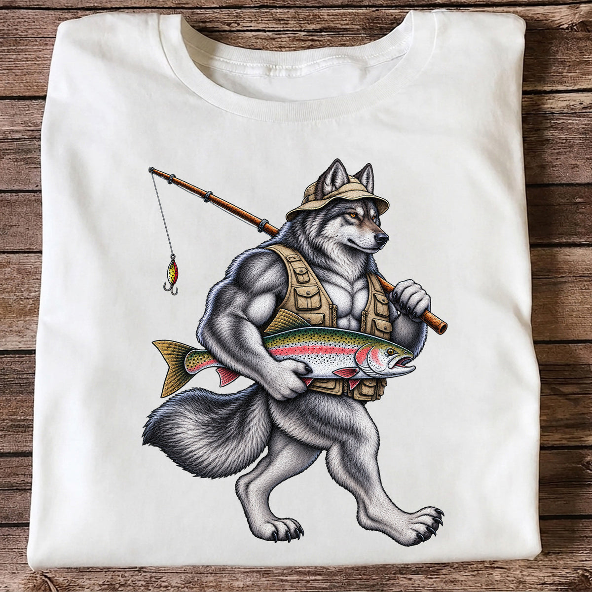 Wolf Angler Holding Rainbow Trout Fishing Graphic T-Shirt