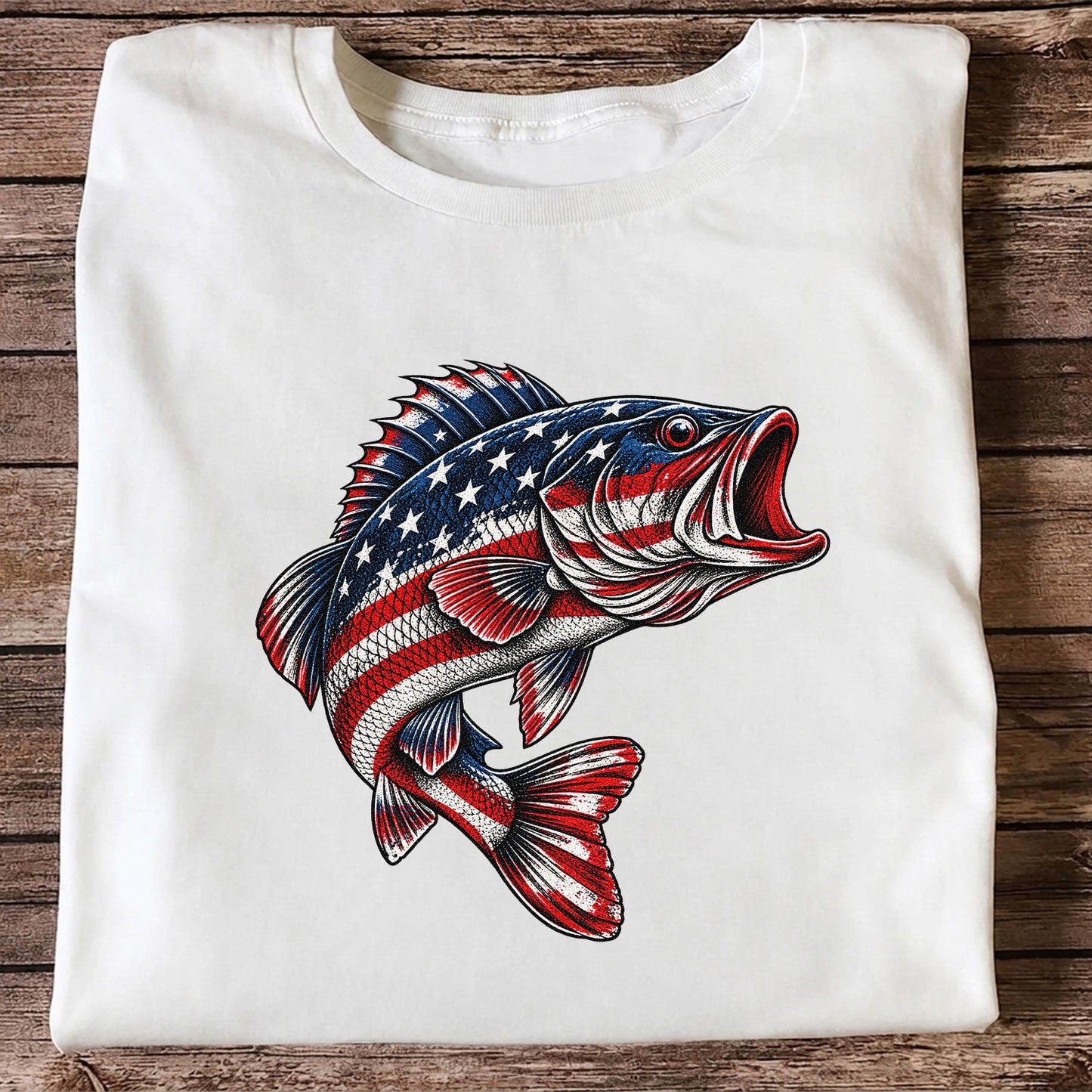 American Flag Largemouth Bass Patriotic Fishing Graphic T-Shirt