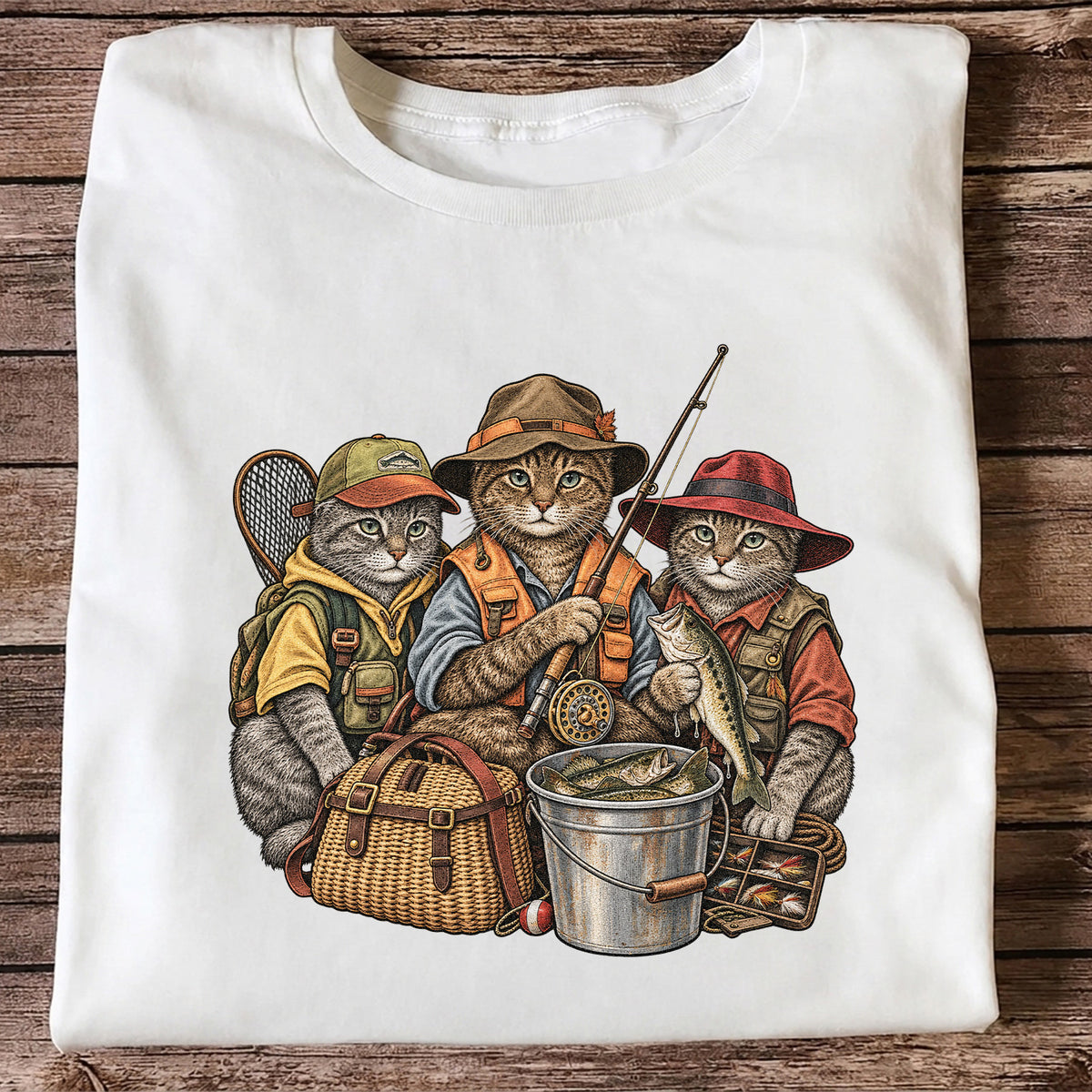 Three Fishing Cats with Rod and Catch Vintage Graphic T-Shirt