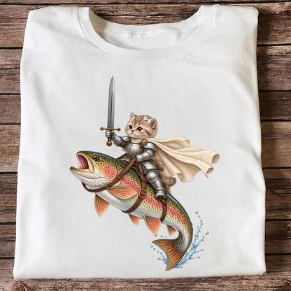 Cat Knight Riding a Rainbow Trout Fishing Graphic T-Shirt