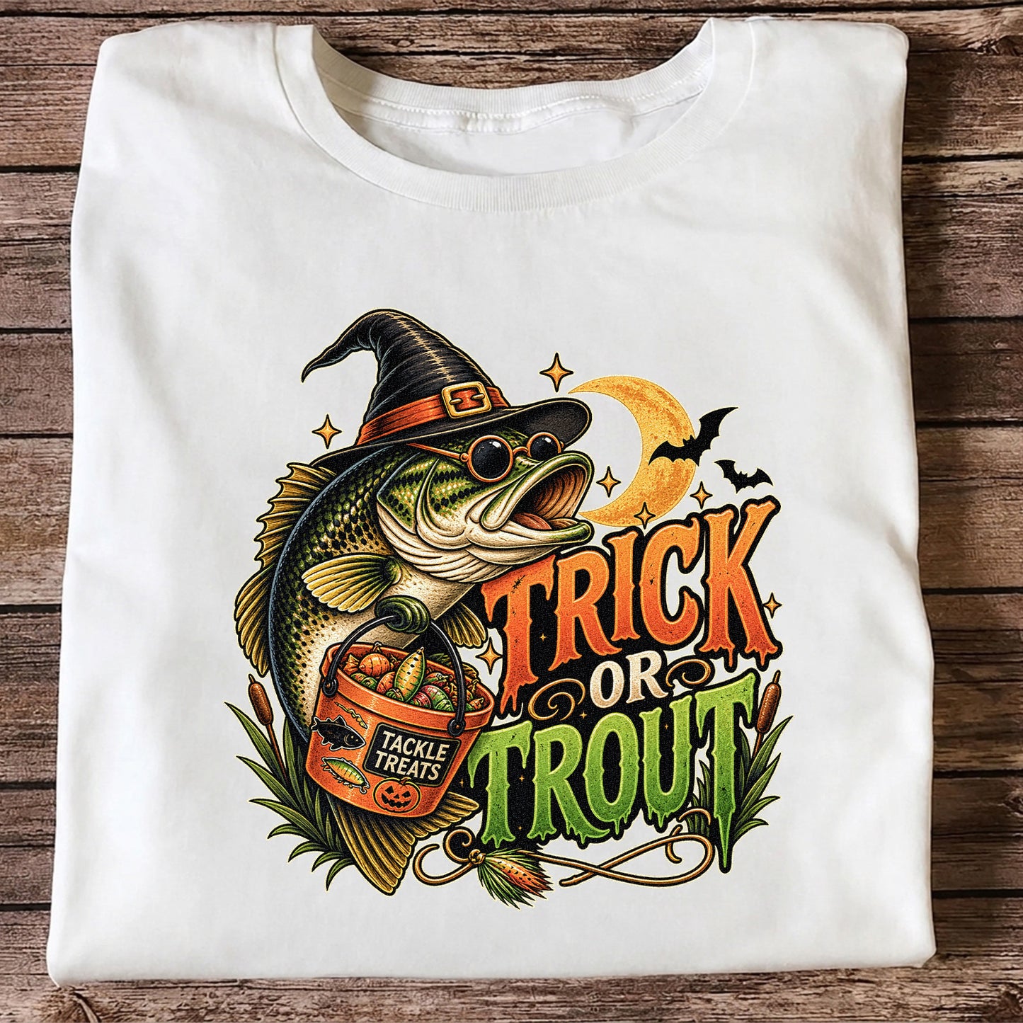 Trick or Trout Bass in Witch Hat with Tackle Treats Halloween Fishing T-Shirt