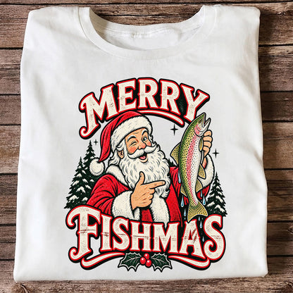 Merry Fishmas Santa Holding Rainbow Trout Christmas Fishing T-Shirt
