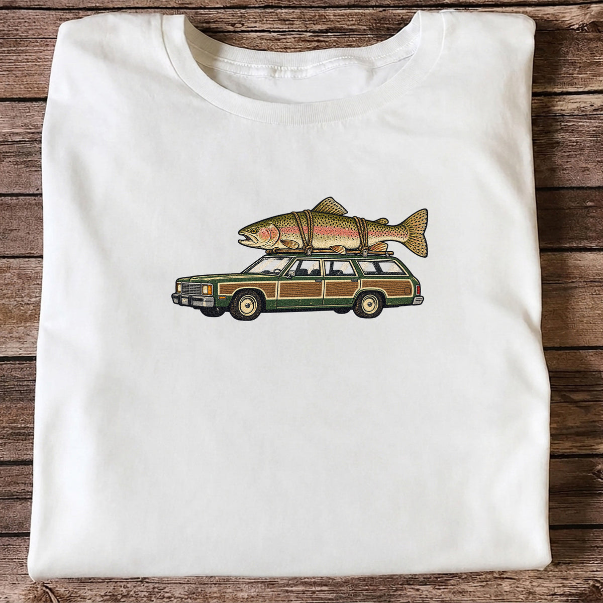 Vintage Station Wagon Carrying Rainbow Trout Fishing T-Shirt